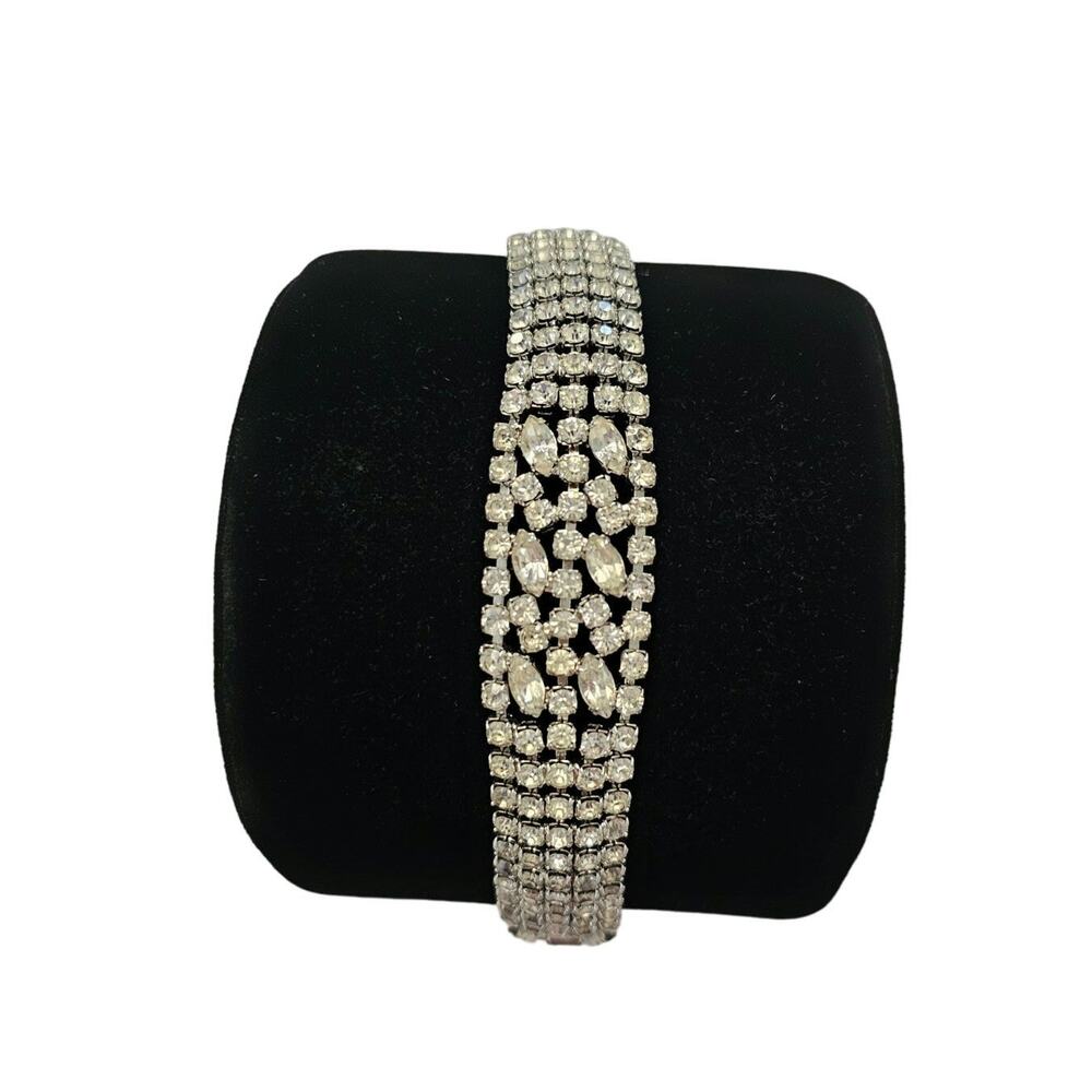 Vintage 1950s Weiss 5 Row Clear Rhinestones Silvertone Wide Bracelet Marquise